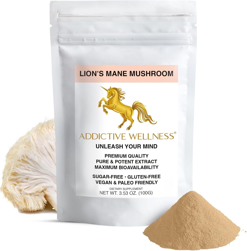 Addictive Wellness Lions Mane תוספת אבקה, Premium Quality Lions Mane Mushroom אבקת כפולה-Extract Nootropic, Sugar Free, Vegan & Paleo Lion's Mane Mushroom תוסף 1500 מ"ג (100 גרמות)
