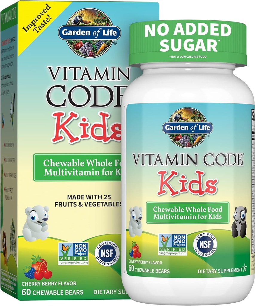 גן החיים Vegetarian Multivitamin תוסף עבור ילדים - ויטמין Code Kids Chewable Raw מזון עתיר מזון מלא עם פרוביוטיקה, 60 דובים Chewable