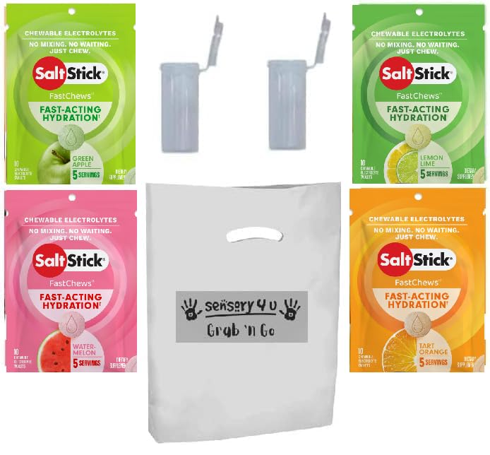 SENSORY4U Grab and Go Gift Set SaltStick with New Fastchews Flavors and Race Tubes - Lemon Lime Orange Green Apple and Watermelon Electrolyte Tablets