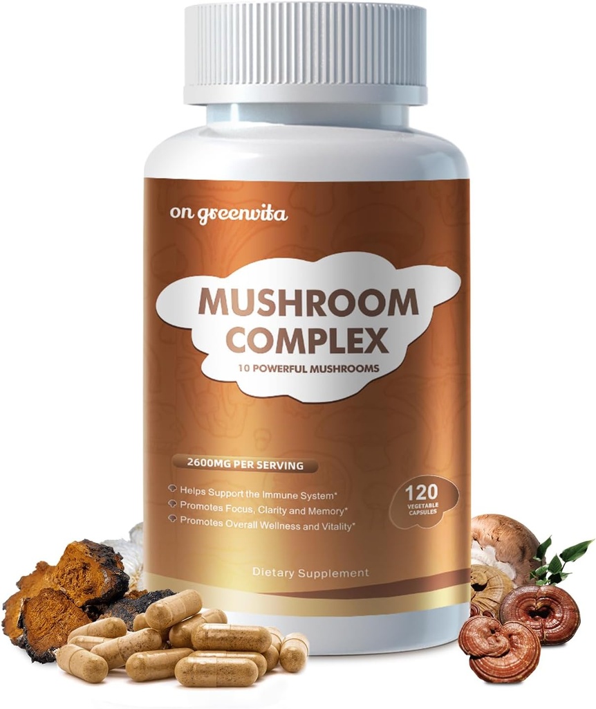 Mushroom מורכב 2600 מ"ג, 120 קפסולות - 10 Mushrooms בלגן - Reishi, Lions Mane, Cordyceps, Chaga, טורקיה Tail, Maitake, Shiitake, Oyster Nootropic Complex - Brain, Energy, Focus Pills