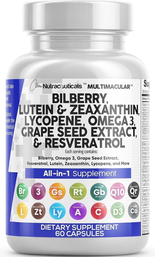 ויטמין Nutra Eye עם Bilberry Lutein ו Zeaxanthin תוספי Lycopene 40 מ"ג Resveratrol Grape Seed Astaxanthin עבור עיניים - תמיכה בריאות העין ויטמין ומינרל תוספת תוספת תוסף