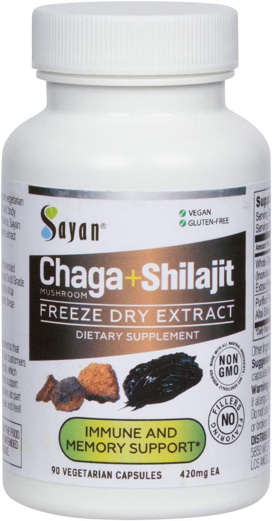 Sayancin Chaga Mushroom עם Shilajit 90 קפסולות /420 מ"ג ea. - Immune and Digest System Support - Fulvic Acid תוסף - אנרגיה & Clarity - בלעדי בלנדר - No Fillers