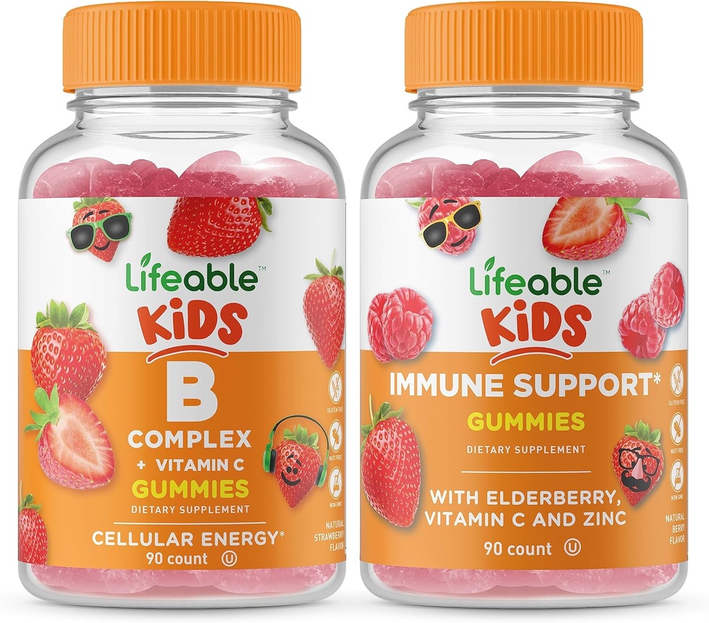 Lifeable B Complex Kids + Immune Support Kids, Gummies Bundle - Great Tasting, ויטמין תוסף, Gluten Free, GMO Free, Chewable Gummymy