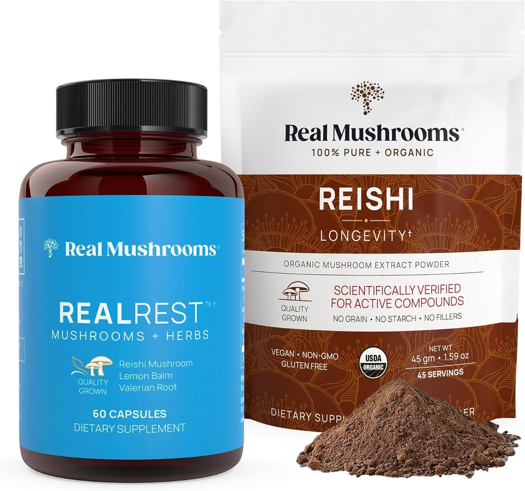 Real Mushrooms RealRest (60ct) קפסולות אבקת Reishi Mushroom (45 משרתים) Bundle - תוסף Mushroom for Longevity, Daily Immune Support, שיפור שינה ורגיעה - טבעוני, non-GMO
