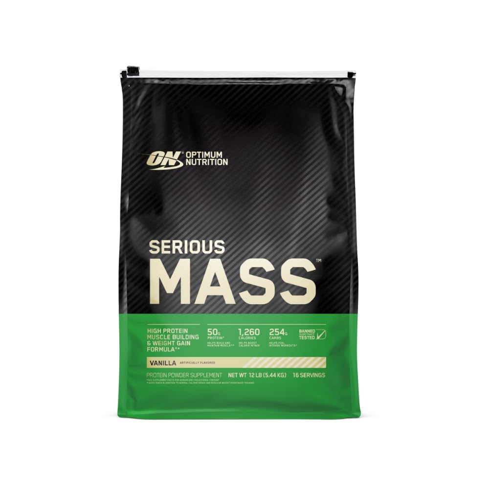 Optimum Nutrition Serious Mass Weight Gainer חלבון אבקה, ויטמין C ו- Zinc for Immune Support, Vanilla, 12 פאונד (Packaging May Vary)