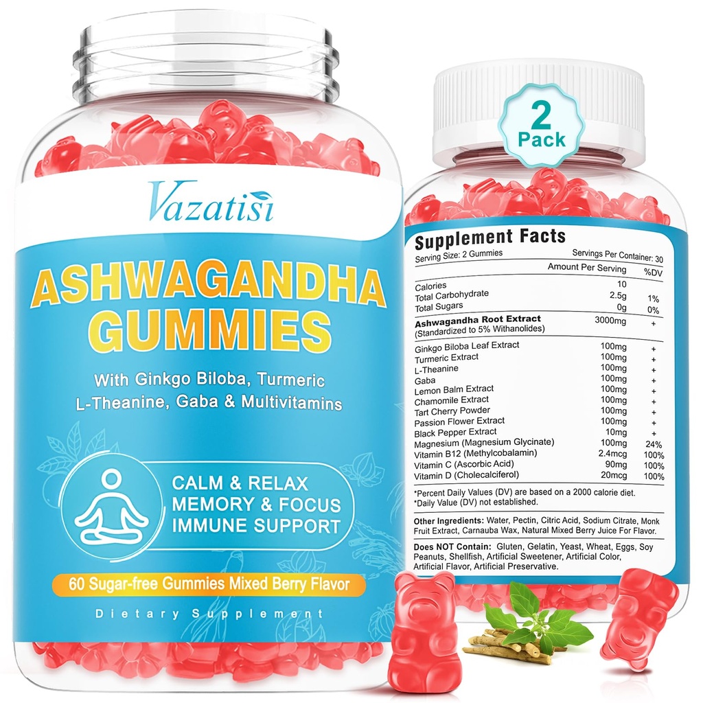 2 Pack Ashwagandha Gummies עם Turmeric GABA Mood אנרגיה ותמיכה Immune, מעורב ברי פלאדור 120 Cts