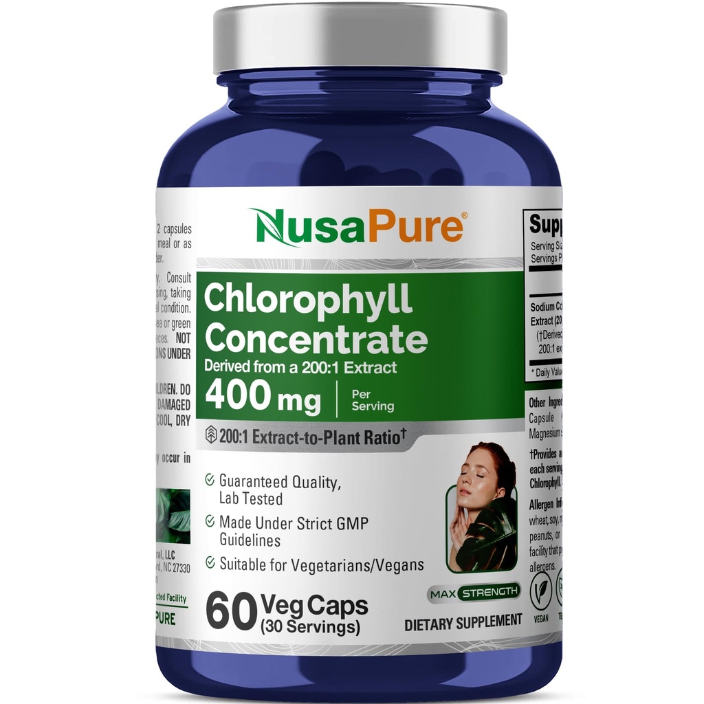 NusaPure Chlorophyll 200:1 לחלץ, 400 מ"ג שווה ערך ל 80,000 מ"ג 60 Veggie Caps (Equivalent 80000 מ"ג עבור משרת, non-GMO, טבעוני) סויום Copper Chlorophyllinin