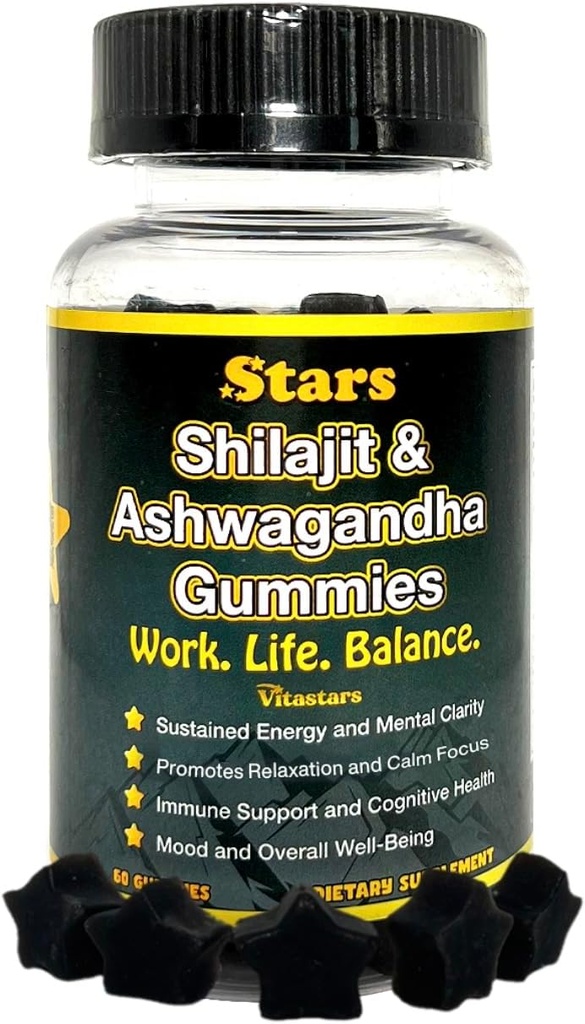 Shilajit Ashwagandha Gummies - Immune Support Supplement with Pure Shilajit Resin - אורגני Ashwagandha Gummy עבור מתח, אנרגיה ובריאות, 60 חניכיים טבעי כוכב