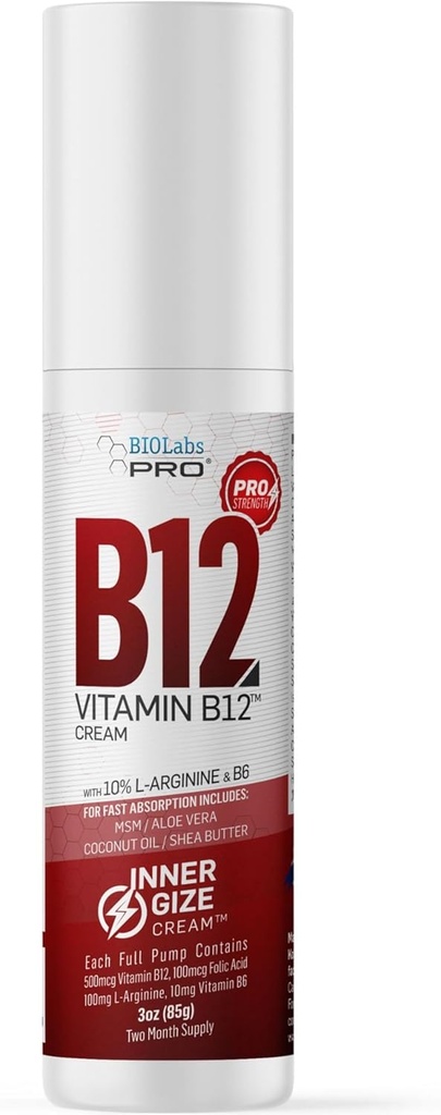 BIOLABS PROERGIZE B12 Cream - All Natural Topical B12 W/B6 ו-10% L-Arginine - Advanced Neuroלוגי & PreWorkout Support - Professional Class Methyl B12 - B6