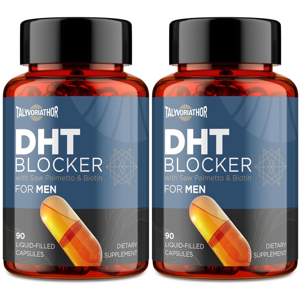 DHT Blocker עבור גברים עם Saw Palmetto & Biotin, צמיחת שיער פורמולה בקפסולות נוזליות-Filled, תוספי נשירת שיער, ויטמין שיער רגרופית, תבלינים צמחי - 90 קפסולות (2 בקבוק)