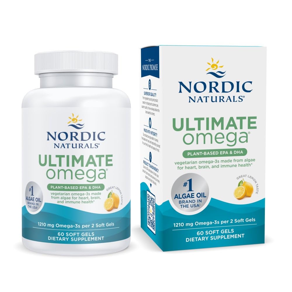 Nordic Naturals Plant Based Ultimate אומגה, Lemon Flavor - 60 Vegetarian Soft Gels - 1210 מ"ג אומגה 3 - טבעוני EPA ו DHA - תוספת עשוי Algae - Brain & Heart Support - Non-GMO - 30 משרתות