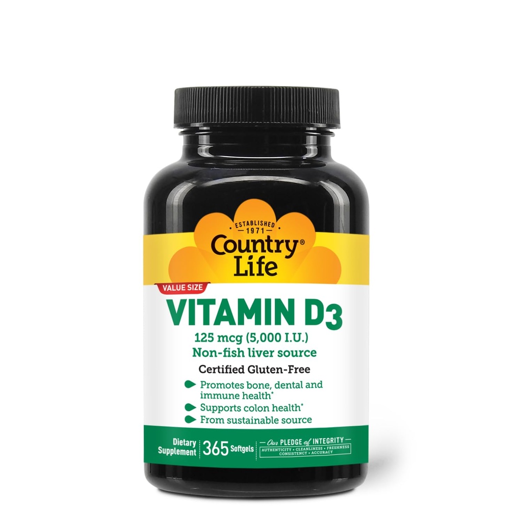 המדינה חיים ויטמין D3 5000 IU - High Potency, non-Fish Source, תומך בריאות העצם, Immune function & Calcium Absorption - 365 Softgels, מוסמך Gluten-Free, Long-Term Supply Supply Supply Supply.