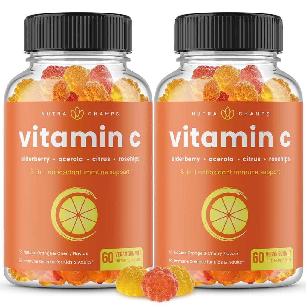 NutraChamps ויטמין Cmies for Adults & Kids, 5in-1 Immune System Support with Elderberry, Rosehips, Citrus Bioflavonoids & Acerola Cherry, Immunity Booster Supplement (Pack of 2)