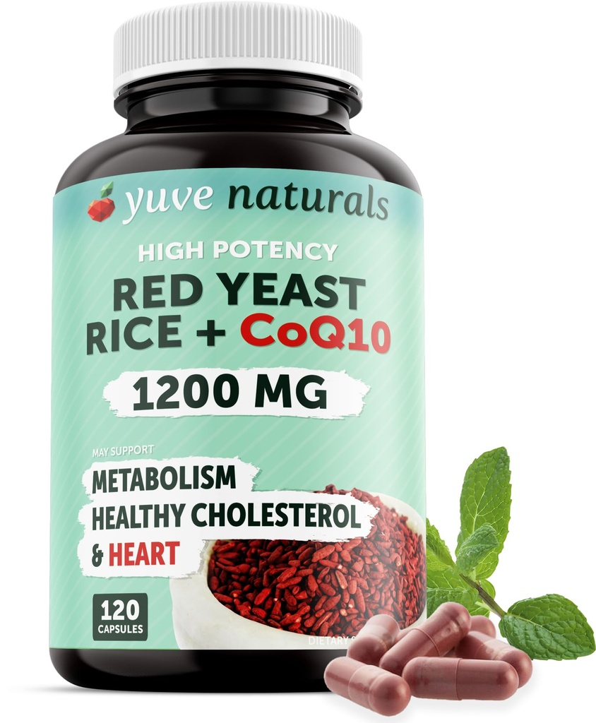 100% טבעי Yeast אורז 1200 מ"ג עם CoQ10 100 מ"ג, 2 ב 1, לשמור על רמות כולסטרול בריא - 120 קפסולות Veggie