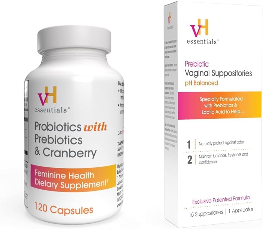 vH Essentials Probiotics with Prebiotics and Cranberry Feminine Health Supplement - 120 קפסולות (544-36) & Prebiotic PH Balanced Vaginal SuppositoriesBox, גרסה מקורית, 15 הרוזן