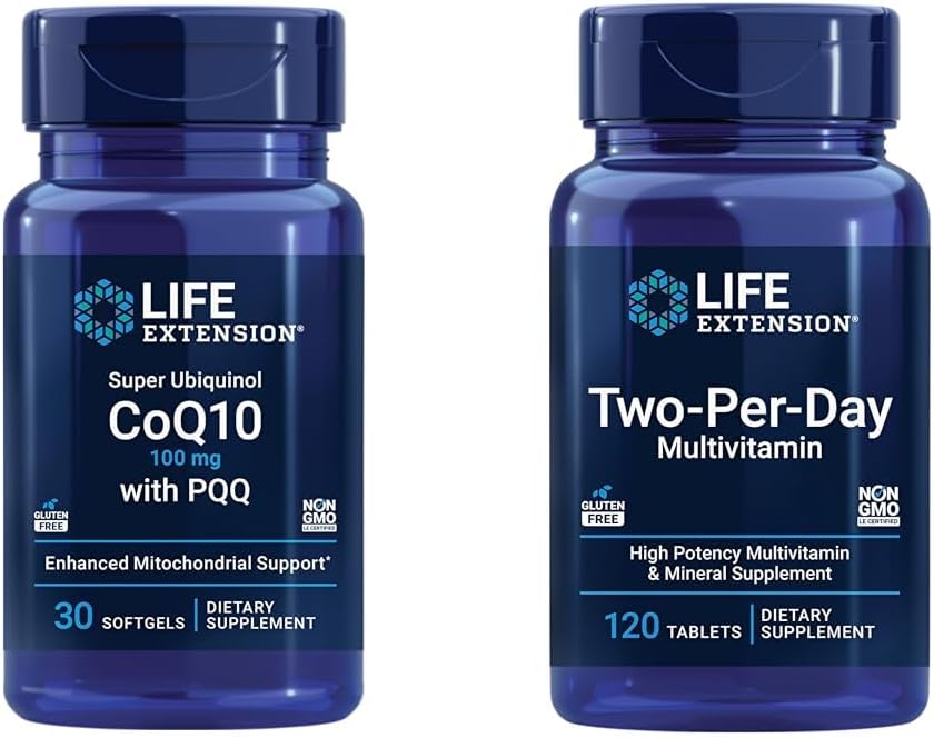 Life Extension Super Ubiquinol CoQ10 100 מ"ג 30 Softgels אנרגיה סלולרי תמיכה Bundle עם 2-Per-Day High Potency 120 Tablet Multivitamin