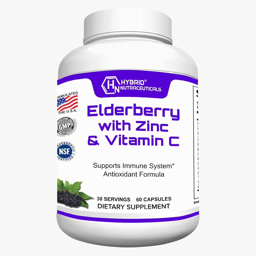 היברידית Nutraceuticals Black Elderberry קפסולות, עם Echinacea, Turmeric, Garlic, Zinc, ויטמין C, E ו B6, Probiotics ו L-Glutamine (60 קפסולות)