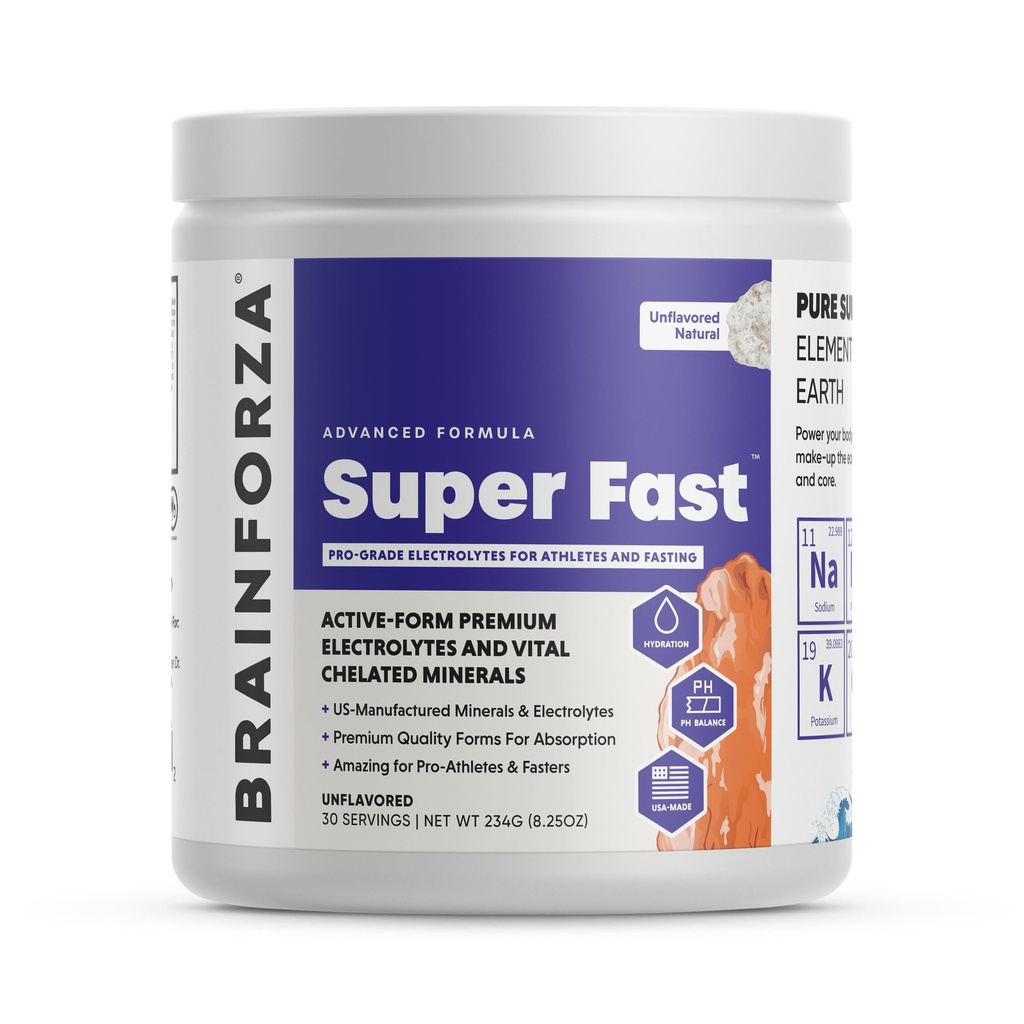 Brain Forza Super Fast Keto Electrolytes for Fasting - Premium Electrolytes, No Sugar or Flavoring w/Potassium, Sodium, Magnesium, Calcium, Zinc, פינקה מלח, (30srv, Unflavored)