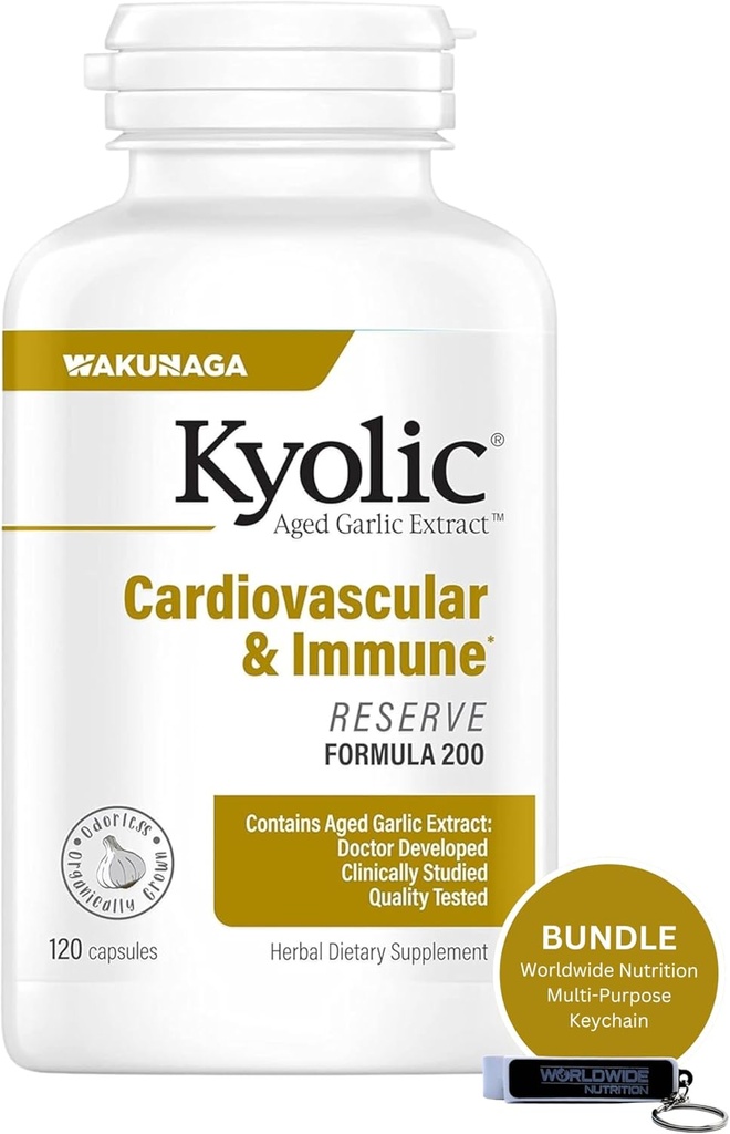 תזונה גלובלית Bundle Compatible with Kyolic Age Garlic Extract, Cardiovascular & Immune - Reserve פורמולה 200, Kyolc Age Garlic Extracts 120 Count ו- Multi-Purpose Key Chain