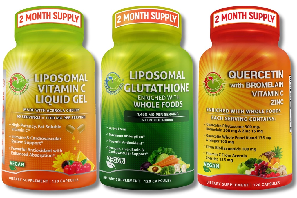 Liposomal ויטמין C 1100mg נוזלי קפסולות - Bundle up עם - Liposomal Glutathione 500 מ"ג תוסף, Master Antioxidant & Detoxifier & Quercetin with Bromelain ויטמין C ו- Zincione 500 מ"ג תוסף, Master Antioxidant & Detoxidant & Detoxifier & Quercetin with Bromelain ויטמין C ו-Z