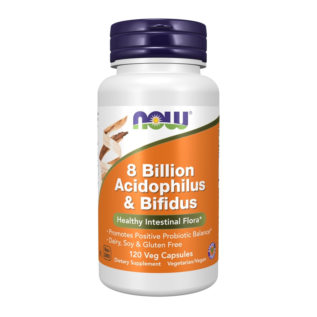 תוספי מזון עכשיו, 8 מיליארד Acidophilus & Bifidus, חלב, סויה וגלוטן חינם, סטרין מאומת, 120 קפסולות Veg