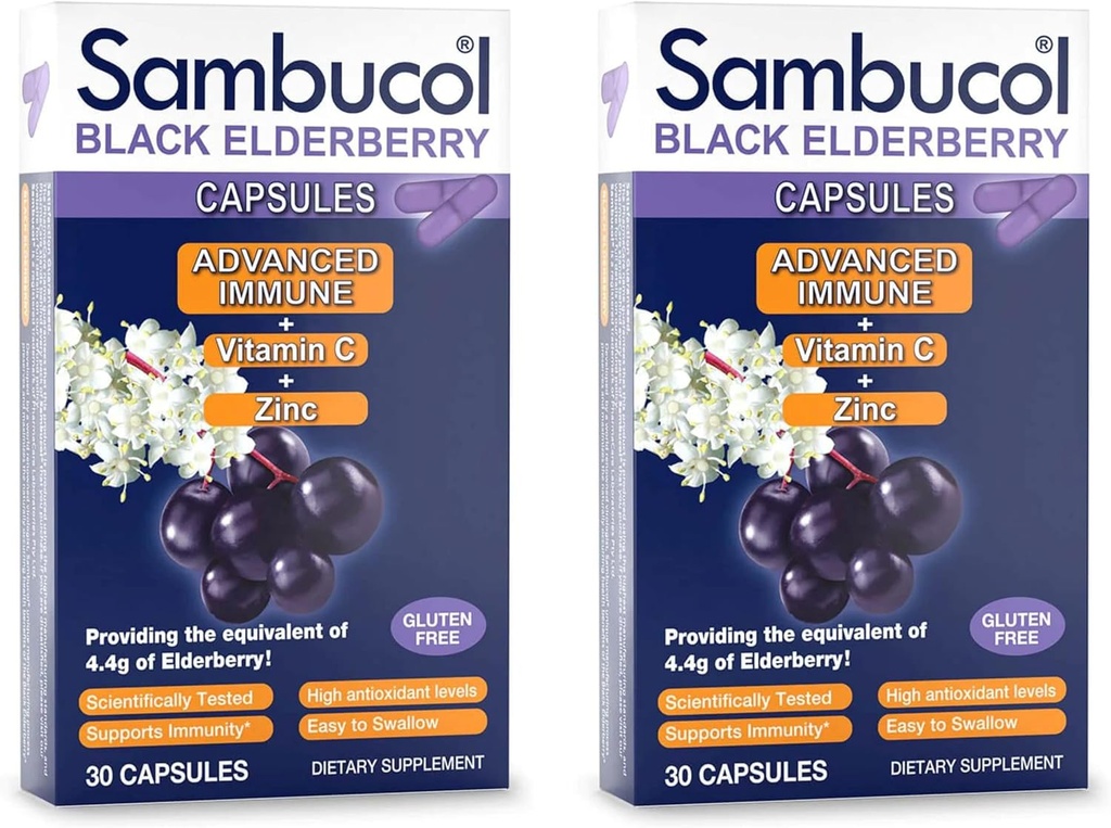 Sambucol Black Elderberry קפסולות - מתקדם Immune, ויטמין C ו Zinc, Elderberry קפסולות, Immune Support, Black Elderberry תוספי, Gluten Free, Easy to Swallow כמוסות - 30 Count, 2Pack