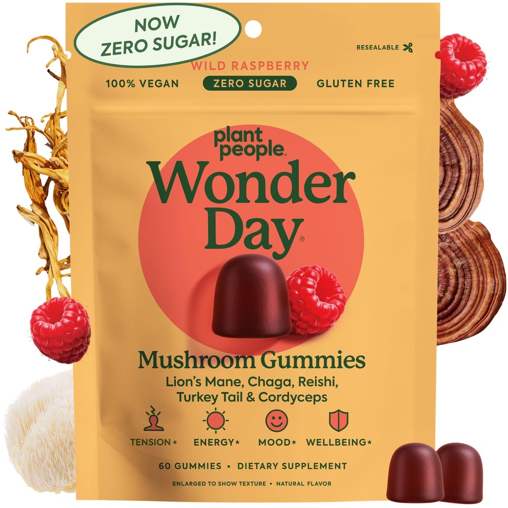 Plant People WonderDay Mushroom Gummies - Lion's Mane, Cordyceps, Chaga Mushroom תוסף לתמיכה במערכת החיסון De-Stress Boost Mood & Energy במבוגרים טבעיים, טבעוני, non-GMO (60 Count)