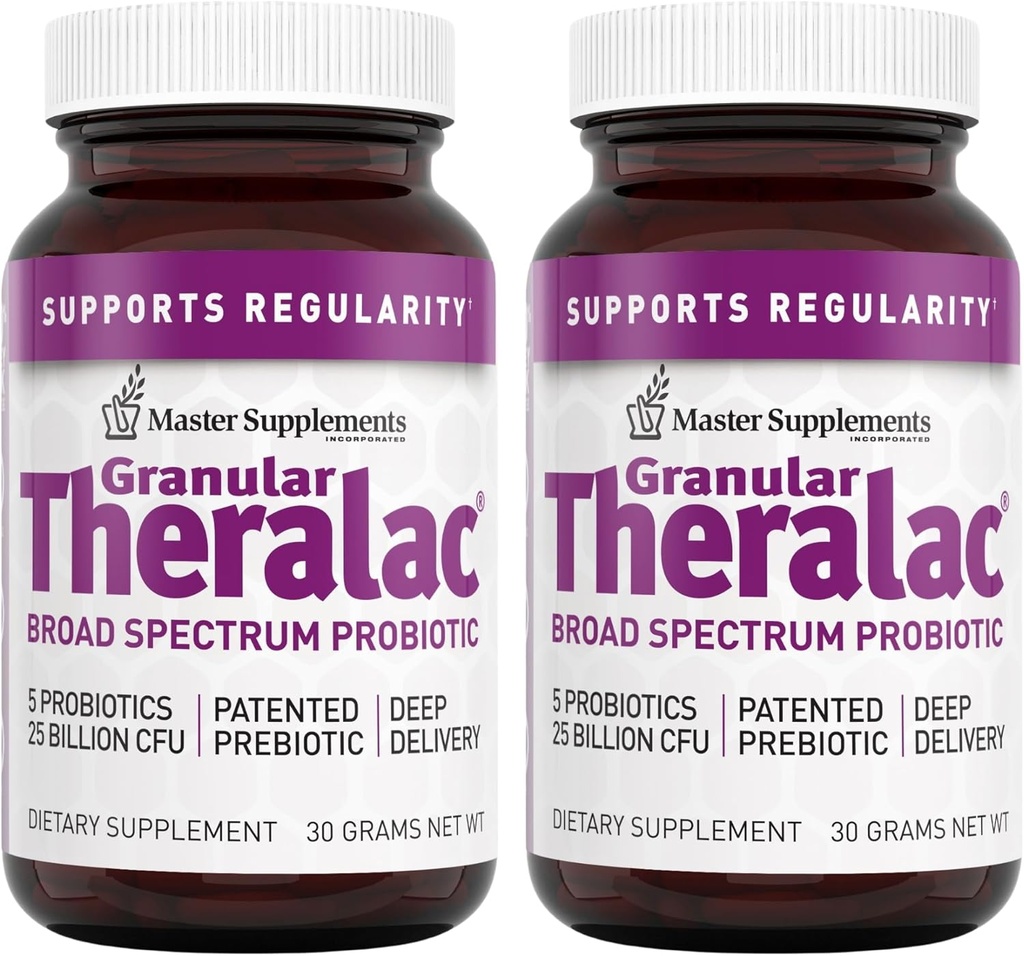 תוספי מאסטר  Granular Theralac - 1.05 oz, Pack של 2 - Multi-Strain Probiotic אבקת for Optimal Gut Health - Great for Kids - Vegan, Gluten Free - 80 סה"מ
