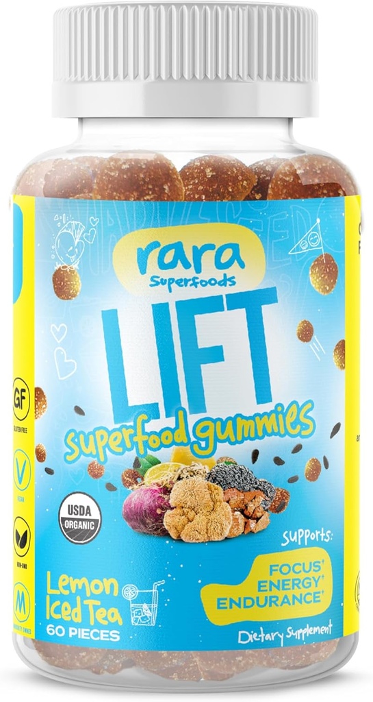 Lift Focus USDA Organic Gummies - Natural Brain Support Supplement, Vegan & Gluten-Free, Infused with Yerba Mate, Lion's Mane, Wild Purple Maca & Chaga (60 חניכיים, המעלית)