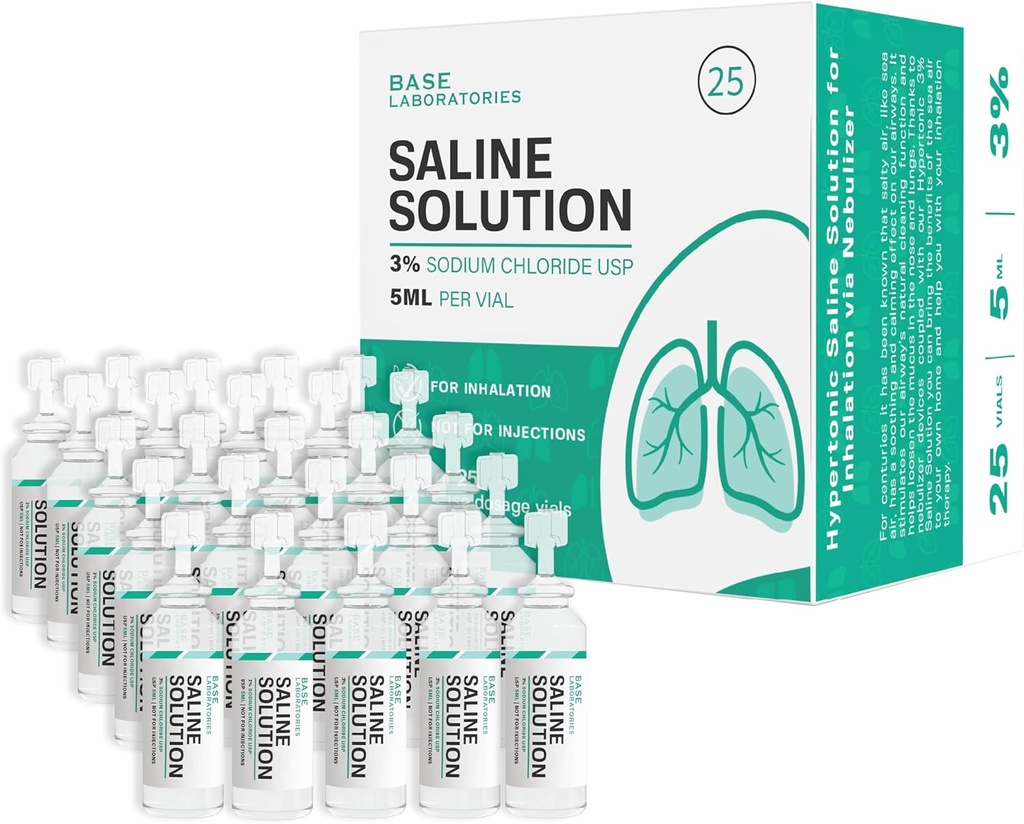 BASE LABORAIES - פתרון של 3% ל-Nbulizer Machine | פתרון Saline ל-Inhalation & Nasal Irrigation | ריכוז של 3% גבוה ל-25 Vials 5ml יחידה Dose