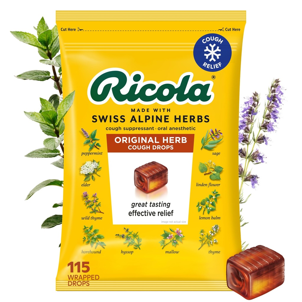 Ricola Original Herb Cough Drops, 115 Count, Cough Suppressant & גרון Relieving טיפות עם מקור טבעי Menthol, Plating Herbal Taste for Coughs & גרון Irritation Symptom Relief