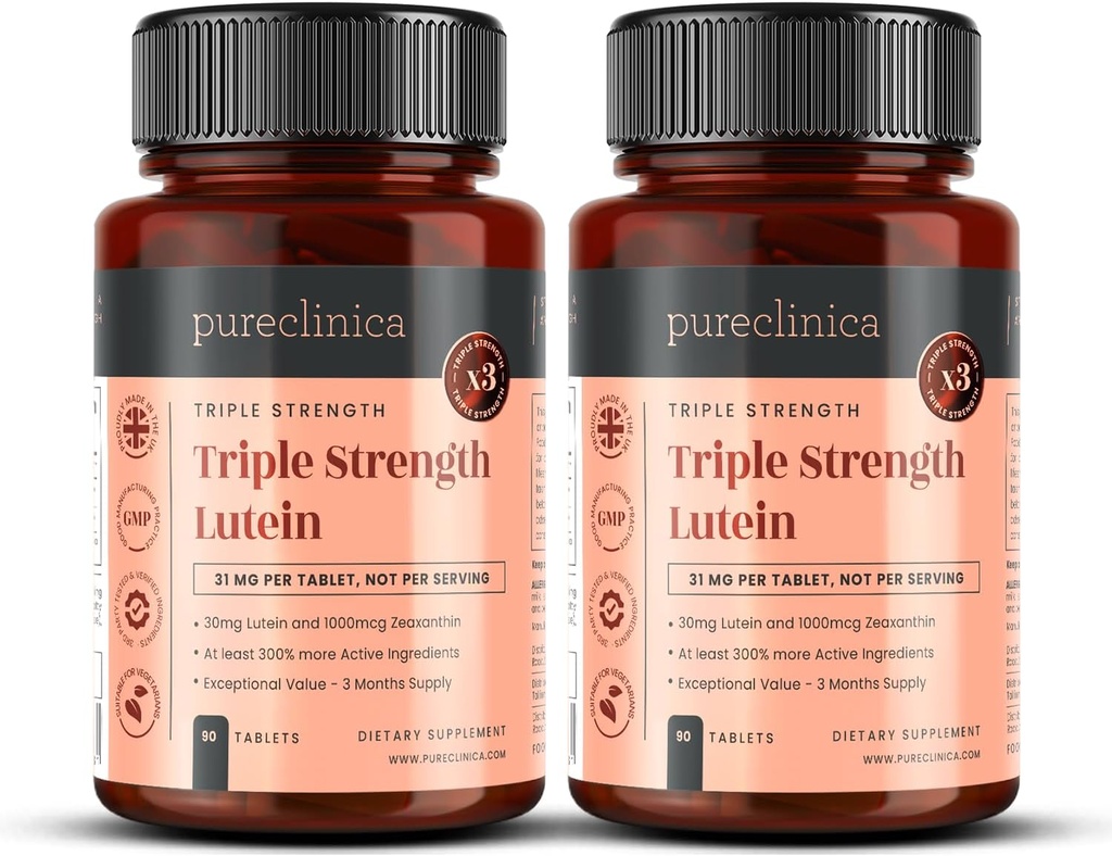 Pureקלינה Lutein 30mg x 180 טבליות (2 בקבוקים עם 90 טבליות בכל אחד) עם 1000mcg Zeaxanthin. 3 x את הכוח של טבליות לוטין רגיל