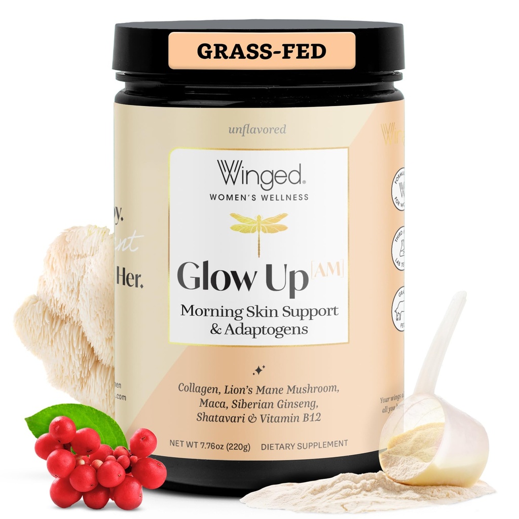 ה-Winged Wellness Glow Up AM, אבקת קולג'ן לנשים - תוספת של יופי בוקר עבור Glowing Skin עם Grass-Fed Hydrolyzed Collagen Peptides, Lion's Mane & Maca Root - 21 משרתות, Unflavored hydrolyzed Collageed Collagen Peptides, Lion's Mane & Maca Root - 21 לשרתים