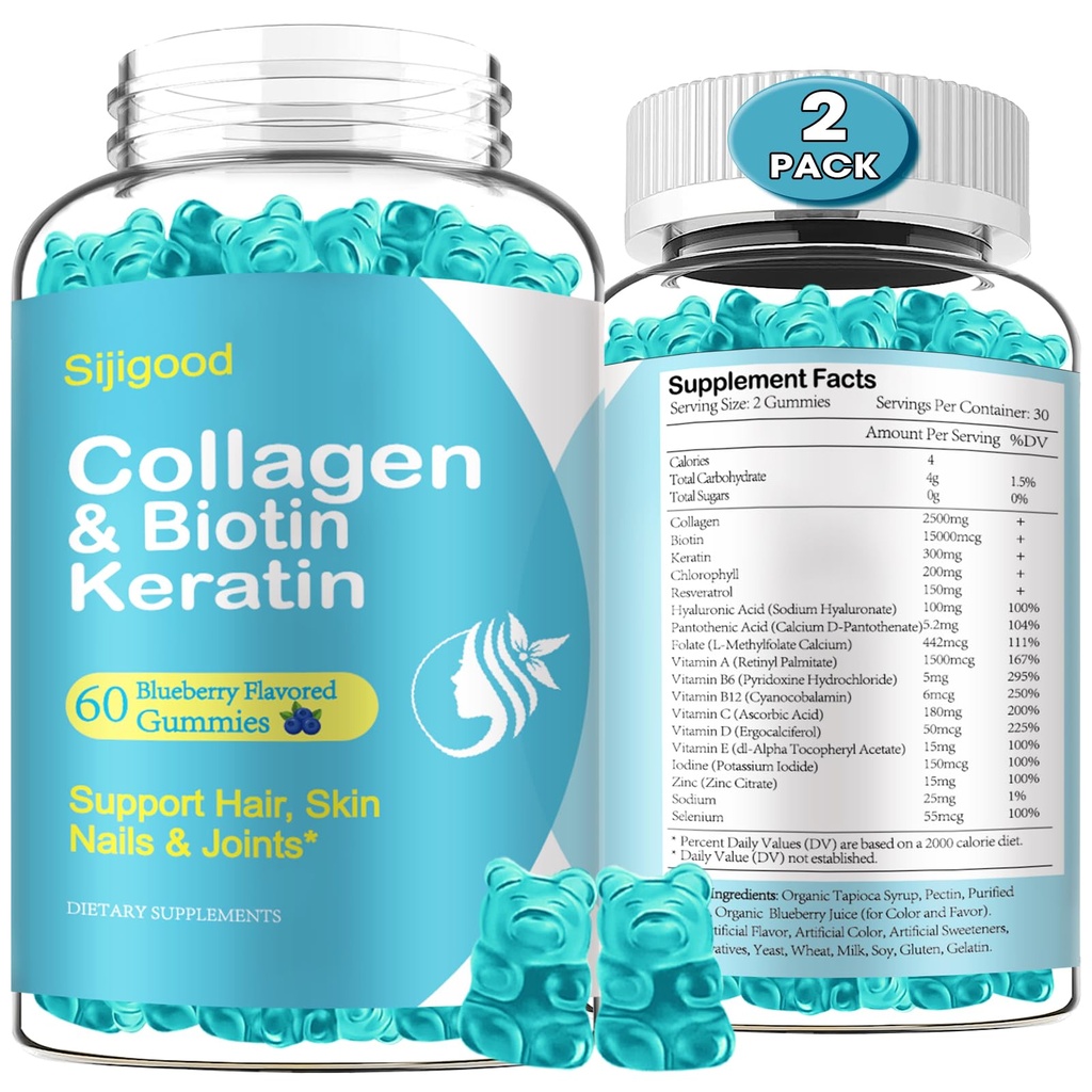 2 Pack Biotin Gummies with Collagen, Keratin, Hyaluronic Acid, ויטמין עבור Skin, Hair, growth, Nails, Women Men Adults Kids - Blueberry Flavored, 120 חניכיים