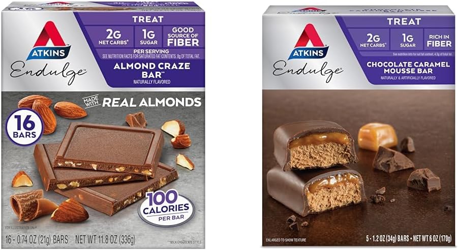 Atkins Endulge Almond Craze Bar 16 Count & Chocolate Carmel Mosse Bar 5 Count, Keto Friendly, Low Sugar