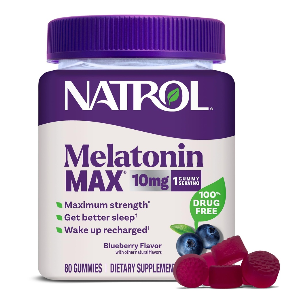 Natrol Melatonin 10mg Sleep Aid תוסף, 80 Count MelatoninMax Gummies, Blueberry Flavor, 10 מ"ג Melatonin Gummies for Occasional Sleepless, 80 יום אספקה