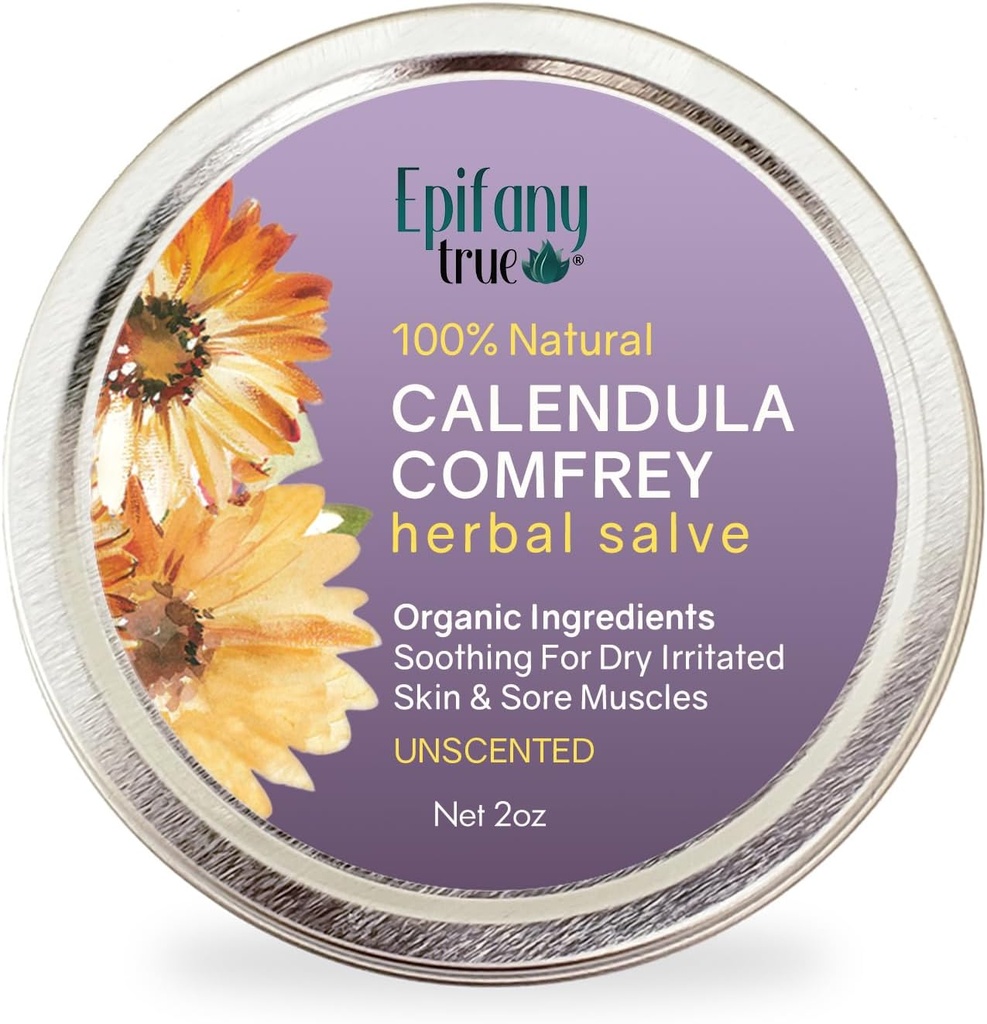 All-Purpose Calendula & Comfrey Herbal Salve 2oz, Smell Free, Natural Herbal Ointment, Skin Soothing Balm, Itch Relief, אורגני Ingredients