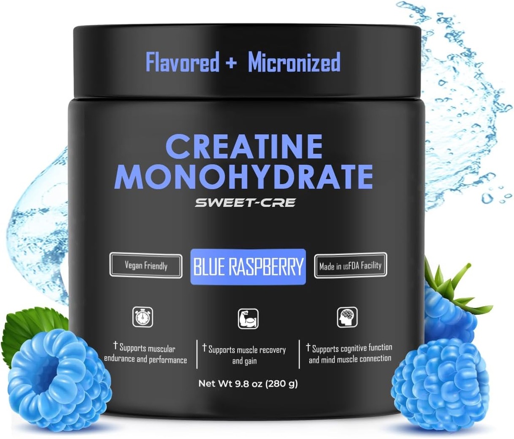Creatine Monohydrate - 5g Creatine Monohydrate אבקת - Advanced Creatine עבור נשים וגברים - Bulk תוספי Creatine - פירות טעימים Punch Flavor - 10oz (40 משרתים, Blue Raspberry)