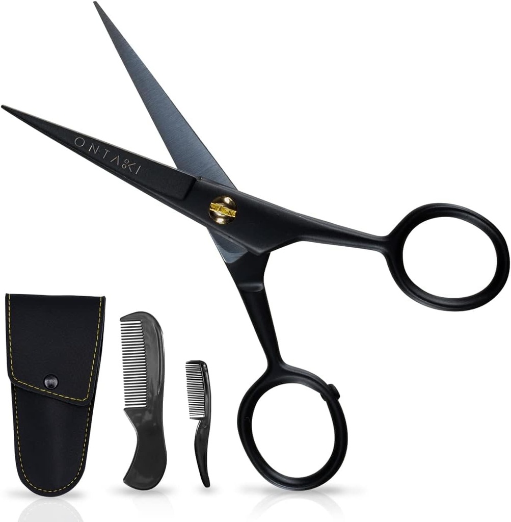 Ontaki Mustache Scisors for Men - 5-Inch, Black - German High-Carbon Steel Bevel-Edge for Precision - Beard Trimmingsors - כולל Grooming Kit with Mustache & Beard Combs & Beard Combs & ביצוע Pouching Pouch