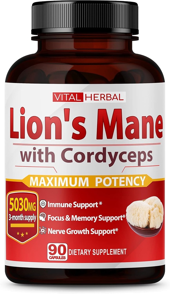 VITAL HERBAL Lions Mane Mushroom עם Cordyceps קפסולות Equivalent ל 5030 מ"ג - תוספת מקסימלית L-theanine Ashwagandha המוח עבור Focus Memory Energy Mood תמיכה 90 ימים אספקה