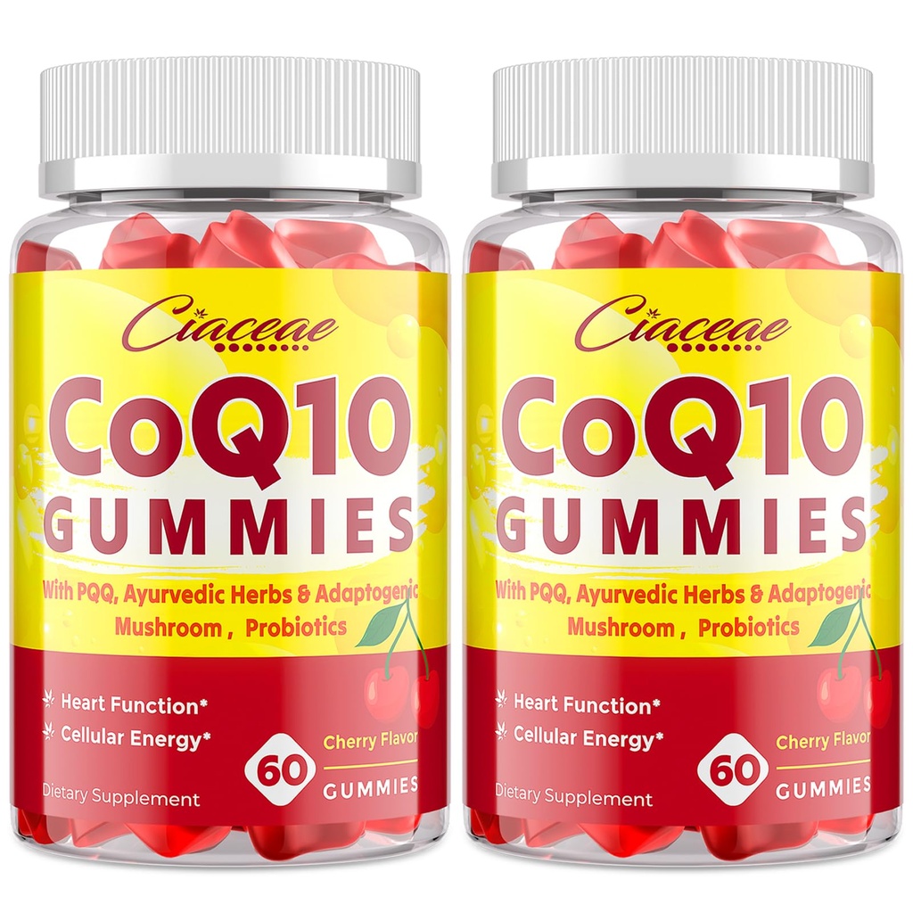 CoQ10 חניכיים עם PQQQ - 400 MG Coenzyme Q10 High Potency, משופרת עם Ayurvedic Herbs, התאמת Mushroom ו פרוביוטיקה עבור הלב, המוח, האנרגיה, Immunity, Cherry Flavor, 120 חניכיים טבעוניות
