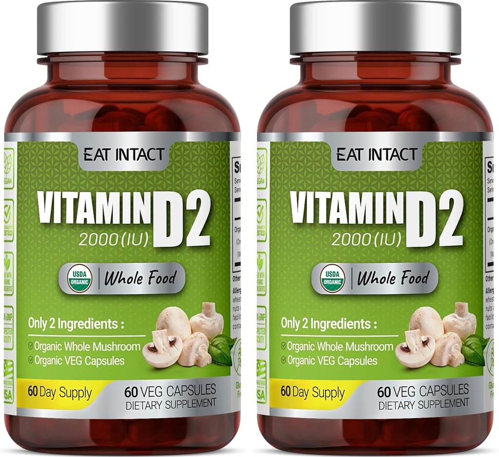 ויטמין מזון אורגני שלם D2 (2 Pack), 2000 IU (50 mcg), שני מרכיבים (אורגניים Whole Mushroom אורגני קפסולת), non-GMO, 120 ימים אספקה