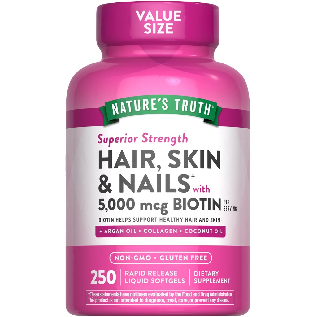 שיער האמת של הטבע, Skin & Nails ויטמינים | 5000mcg | 250 Softgels