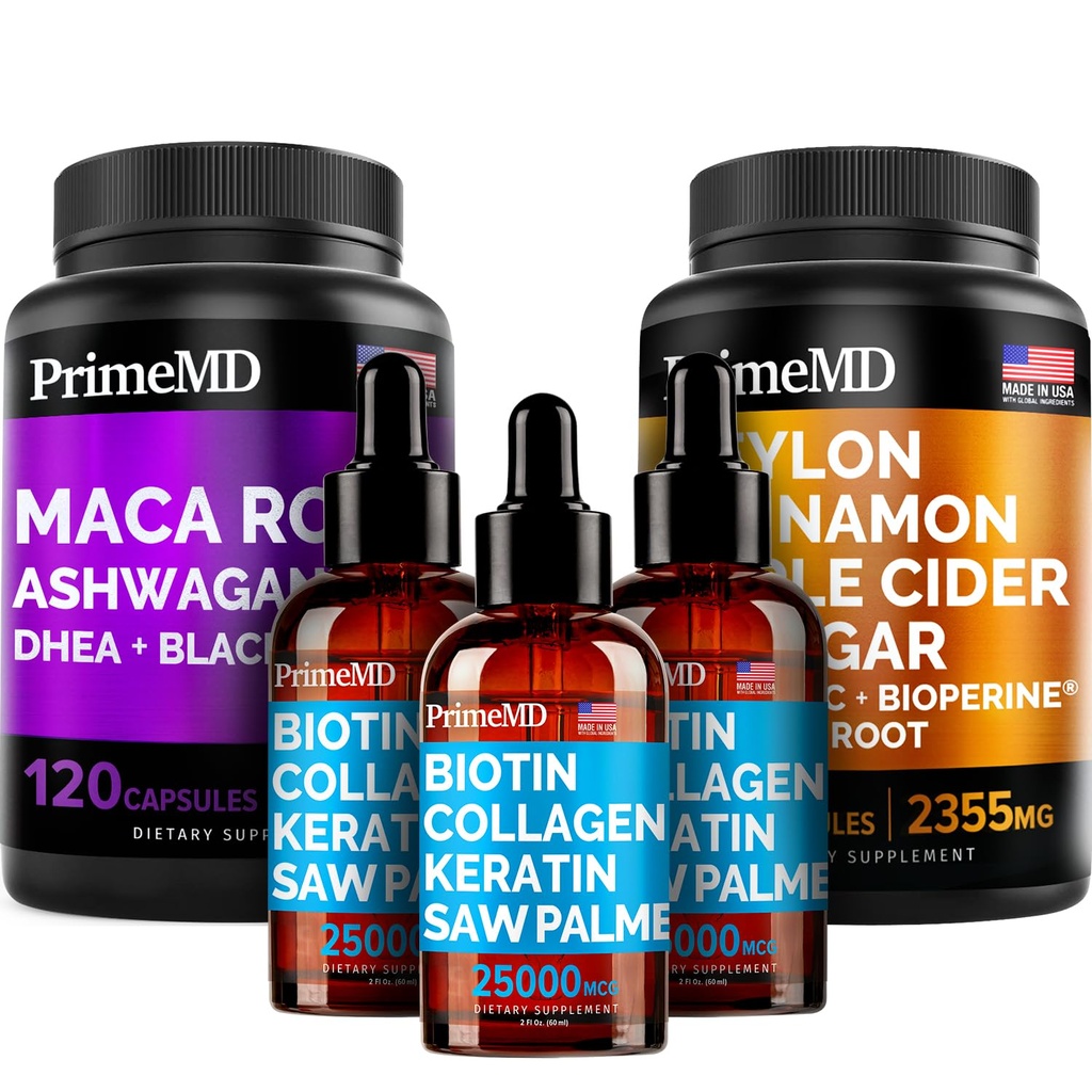 5-in-1 Ceylon Cinnamon (120ct), 4in-1 Biotin Collagen Keratin Saw Palmetto (2 fl oz - 3 Pack) ו- 6-in-1 Maca Root Ashwagandha (120ct) Bundle - אנרגיה, Mood, שיער, עור & Immune תמיכה תוספת תמיכה תוספת תמיכה תוספת תמיכה תוסף