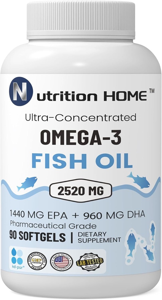 אומגה 3 שמן דגים 3000 מ"ג EPA & DHA, 2520 מ"ג של אומגה 3 חומצות שומן 1440 מ"ג EPA + 960 מ"ג DHA הטוב ביותר שמן שומני Acids Premium Burpless Softgels (90)