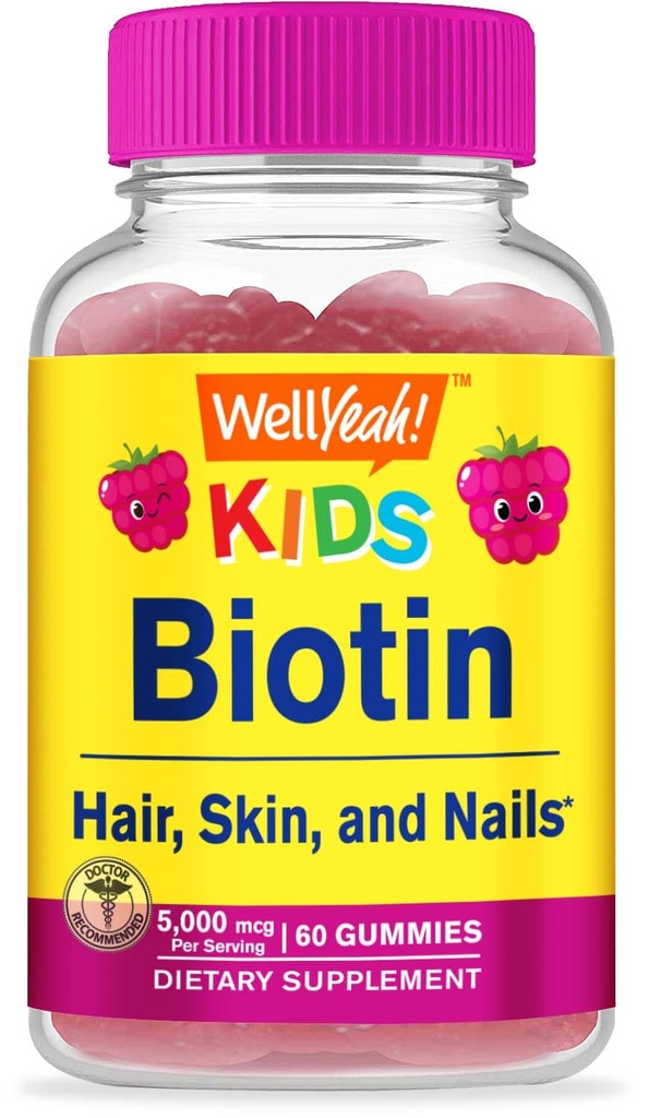 ובכן, חניכיים ביוטין לילדים 5000 mcg - תומך צמיחת שיער, בריאות עור וציפורים - טבעי מקור פלאבים - GMO חינם, גלוט חינם - מסטיק עבור בנים ובנות - הרוזן 60
