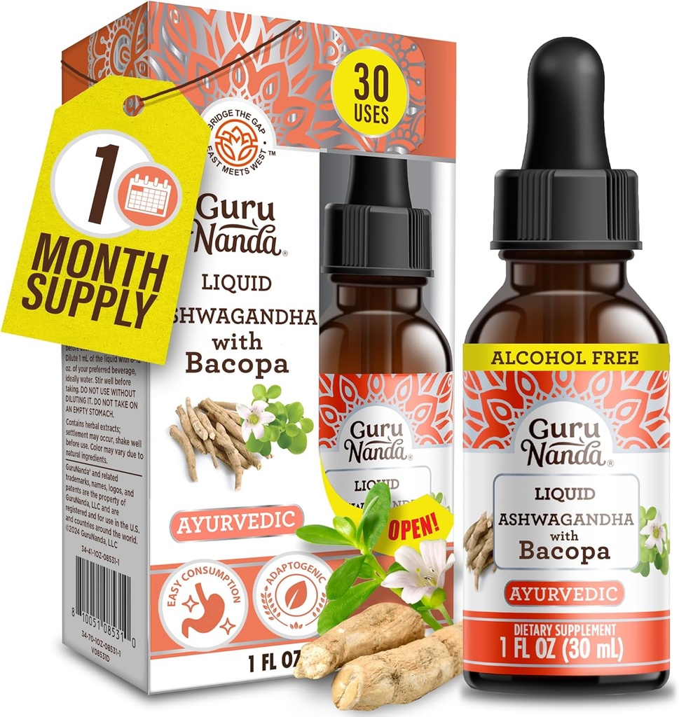 GuruNanda נוזל Ashwagandha עם Bacopa (1 Fl Oz) - Natural Dietary תוספי מזון נוזלי טיפות - עבור גברים ונשים- טבעוני & אלכוהול חינם - איידס ב Immune, Focus & מרגיע תמיכה תמיכה