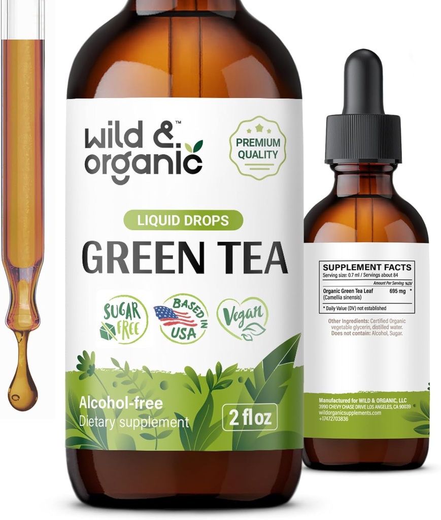 Wild & Organic Green Tea Extracts - תוספת אנטי-חמצן - תוספי תה ירוק טבעי w /Camelia Sinensis - טבעוני, סוכר ואלכוהול חינם טינקטורה - 2 fl oz