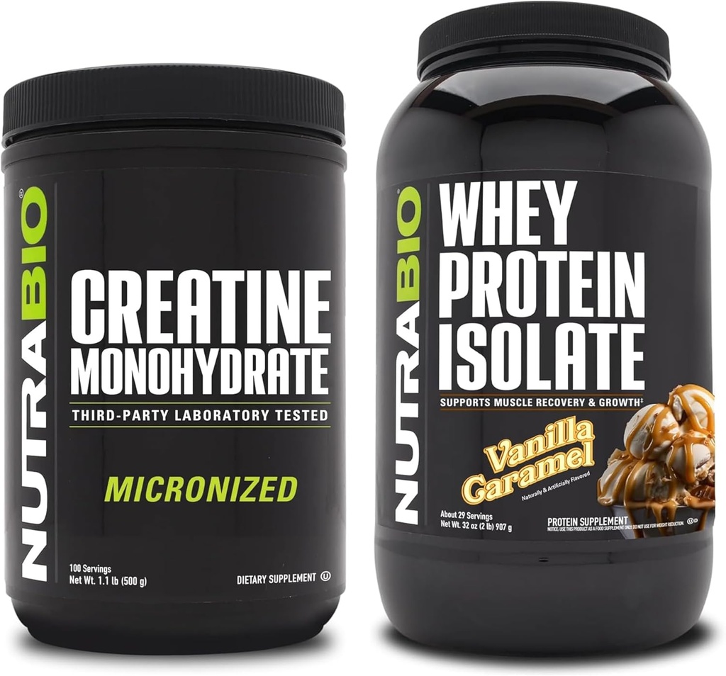 NutraBio Creatine Monohydrate, Unflavored, 500g ו Whey חלבון Isolate, Vanilla קארמל, תוספת Bundle - שריר אנרגיה, Lean Growth, התאוששות וכוח