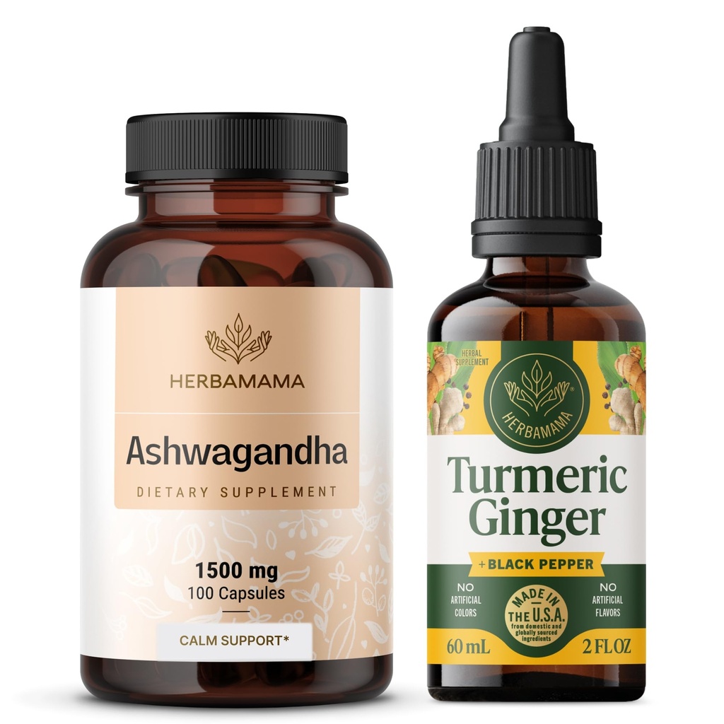 HerBAMAMA Ashwagandha ו Turmeric ג'ינג ' Kit - Bundle של 1500 מ"ג Ashwagandha Root כמוסות & Turmeric ג'ינג'ר Tincture 2 oz - טבעוני, non-GMO, סוכר ואלכוהול חינם - 2 Packedha Rootbendha Root כמוסות
